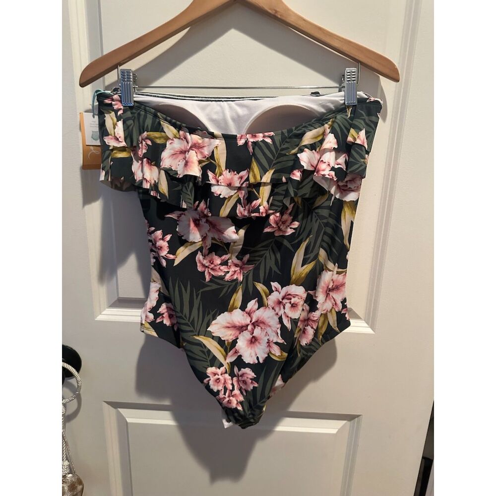 NWT Konal Sol Women's Bandeau Flounce High Coverage Floral Swimsuit Size L 12/14